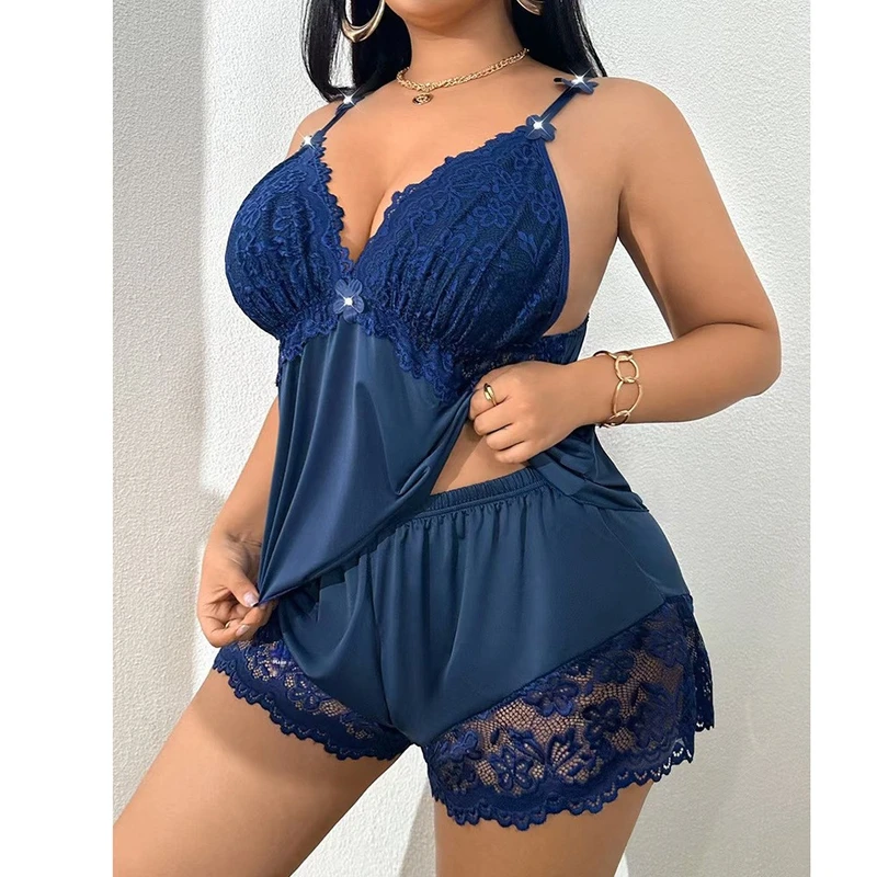 CHINEE European American Style Plus size Lace Polyester Sexy Pajama Two piece Set Camisole Shorts Set Pure
