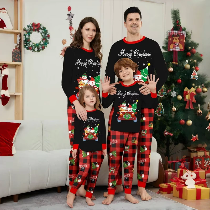 CHINEE European American Style Winter Girls Family Matching Adult Child Pajamas Car Snowman Christmas Tree Print Eco Friendly 100%