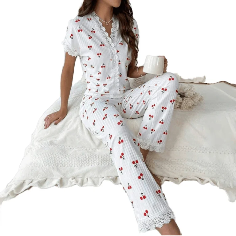 CHINEE-European-American-Style-Womens-Plus-Size-Pajamas-Autumn-Winter-V-Neck-Lace-Cherry-Print-Sexy-T-Shirt-Slim-Fit-Breathable