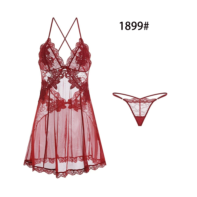 CHINEE European American Woman Lace Embroidered Transparent Nightdress Pajamas Backless Sexy Underwear Set