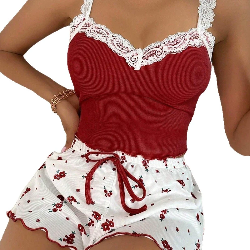 CHINEE European American Women's Home Clothes Comfortable Lace Sling Shorts with Elastic Waist Casual Outfit Sleepwear