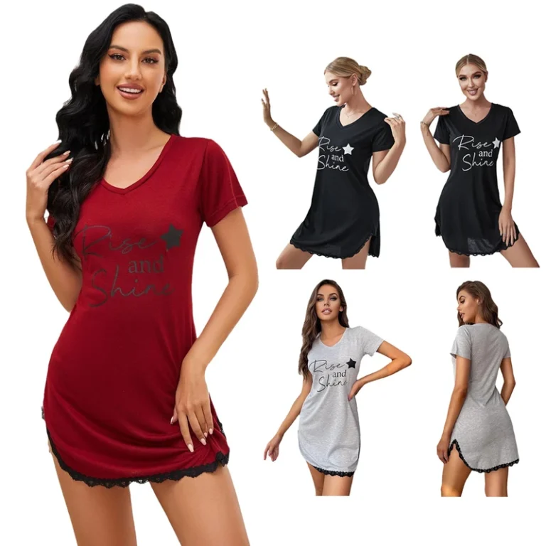CHINEE-European-American-Womens-Summer-Thin-Knitted-Pajamas-Short-Sleeved-V-Neck-Sexy-Nightgown-Cross-Border-Home-Clothing