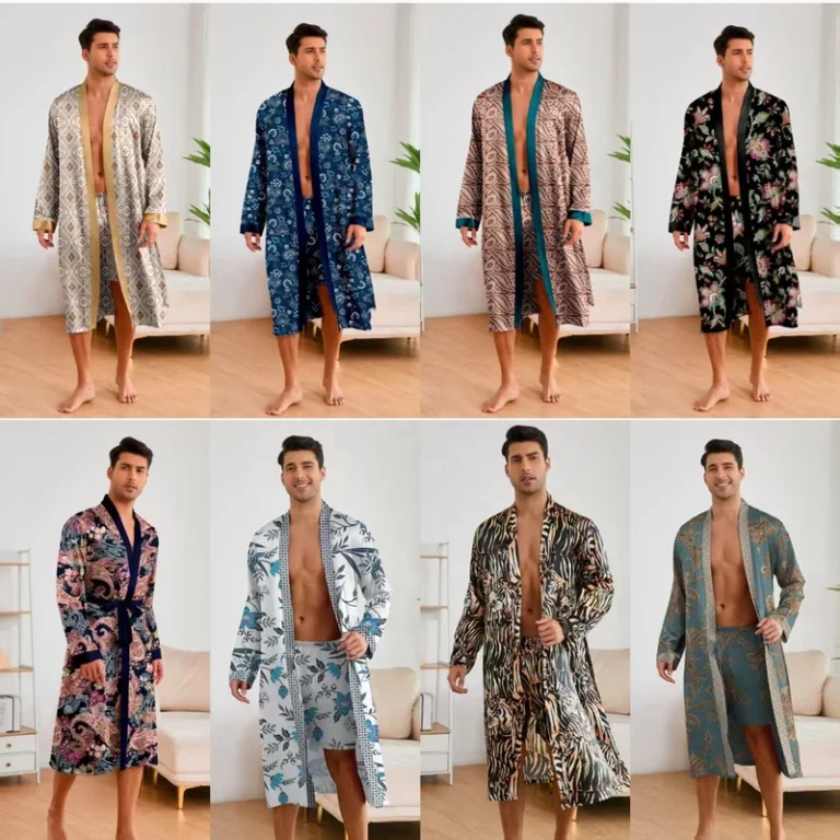 CHINEE-European-and-American-Bathrobes-Ice-Silk-Pajamas-Mens-Long-sleeved-Sleepwear-Bathrobes-Home-Wear