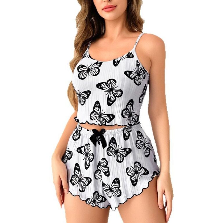 CHINEE-European-and-American-Womens-Knitted-Pit-Stripe-Butterfly-Print-Sweet-Camisole-Pajamas-Set
