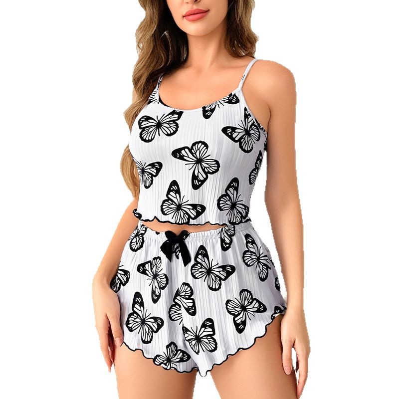 CHINEE European and American Women's Knitted Pit Stripe Butterfly Print Sweet Camisole Pajamas Set