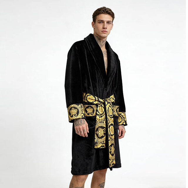 CHINEE European style Velvet Fashion Breathable Printed Bathrobe Black and Gold Color Long sleeved Men's Solid Sleepwear