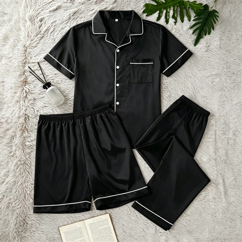 CHINEE Factory Casual Breathable Soft Satin Smooth Three Piece Pajama Set Solid Color Lapel Comfortable Men's Pajamas