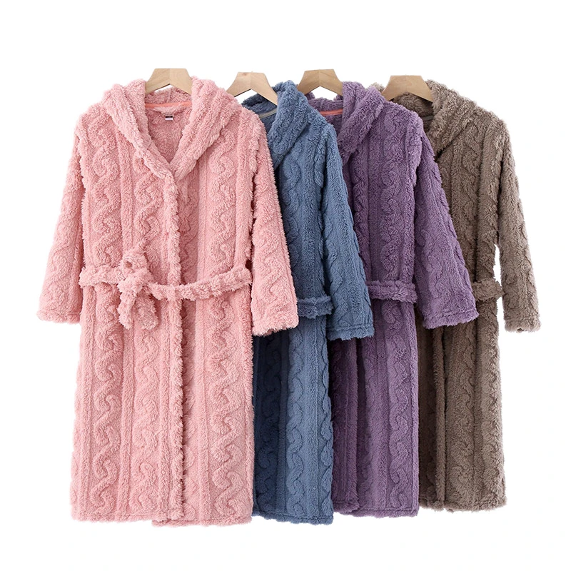 CHINEE Factory Casual Knitted Sleepwear Set Night Pyjamas Woman Plush Fleece Knee length Sherpa Hooded Bathrobe Premium Long Spa Robes