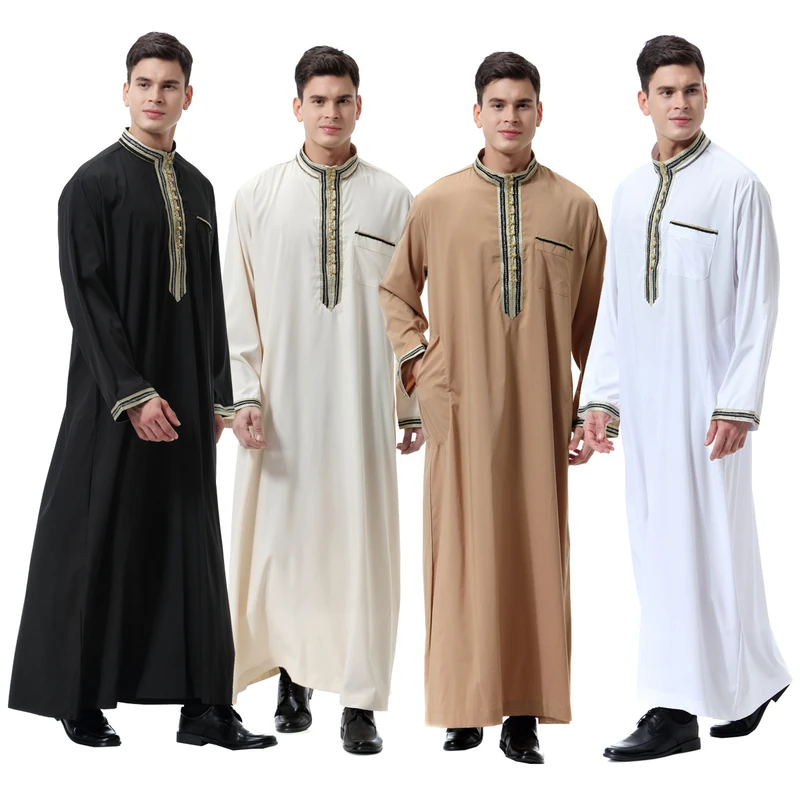 CHINEE Factory Direct Sales Middle Eastern Men's Applique Stand Collar Robe Muslim Robe Middle aged Daily Wear