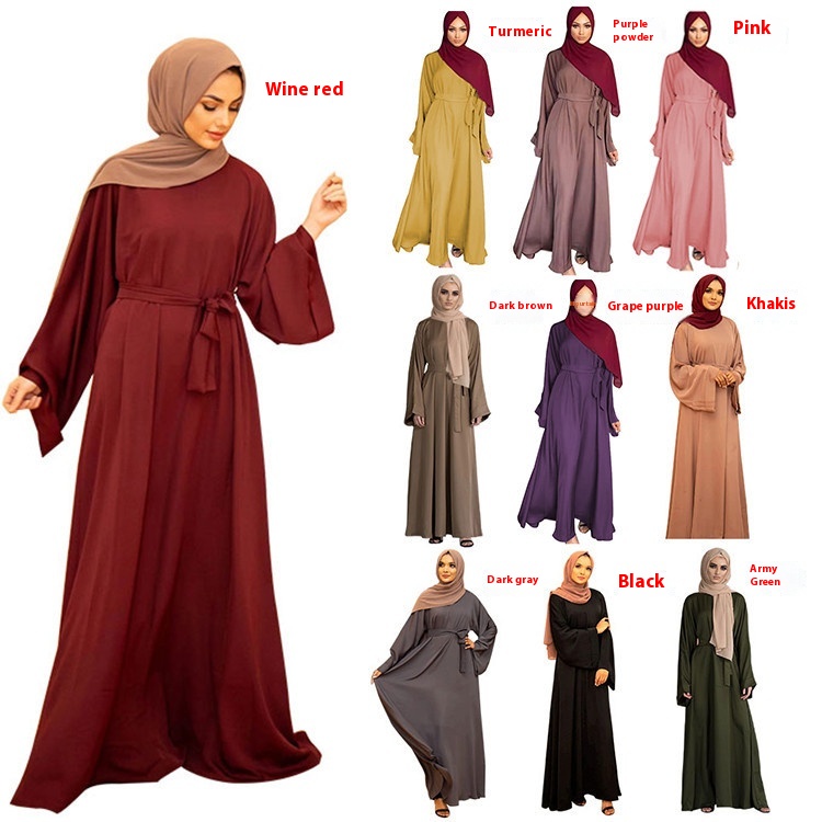 CHINEE Factory Direct Supply Large Size Casual Chiffon Empire Autumn Dress Basic Pure Color Lace New Middle Eastern Malay Robe