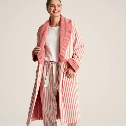CHINEE Factory Fleece Lined Striped Dressing Gown Luxury Coral Fleece Bathrobe Warm Sherpa Trim Bathrobe Adult Plush Women Fleece Robe