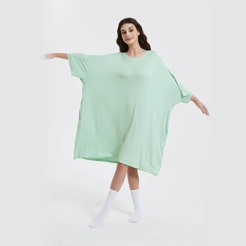 CHINEE Factory Green Summer Soft Cool Eco Friendly Breathable Bamboo Knee Length Oversized Loose Women Sleep Tee with Pockets