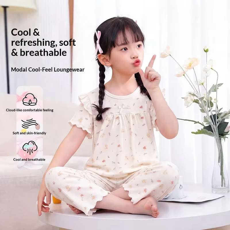 CHINEE Factory OEM Girls' Summer Short Sleeve Modal Pajama Set Air Conditioning Sleepwear for Baby to Big Kids 2 Piece