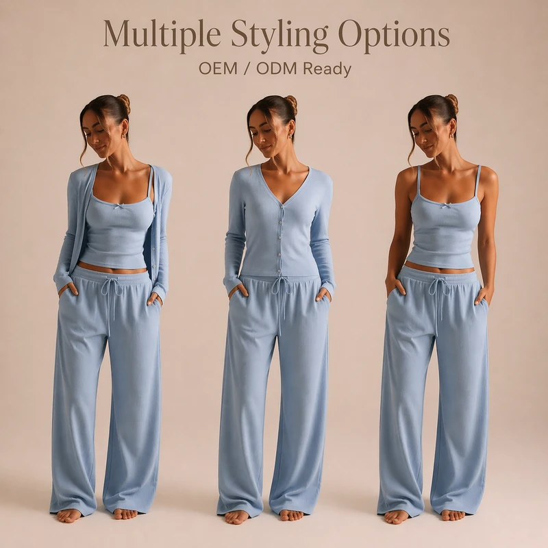 CHINEE Factory Price 3pcs Ribbed Knit Sleepwear Set Women Luxury Loungewear Custom Logo OEM ODM 3 Piece Pajama Set for Ladies