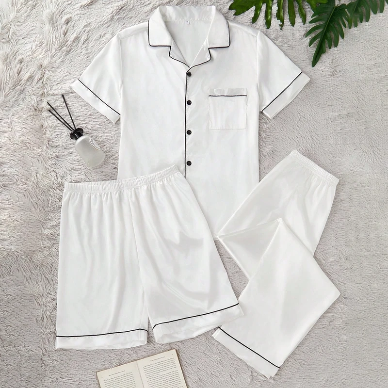 CHINEE Factory Satin Smooth Three Piece Pajama Set Solid Color Lapel Comfortable Men's Pajamas