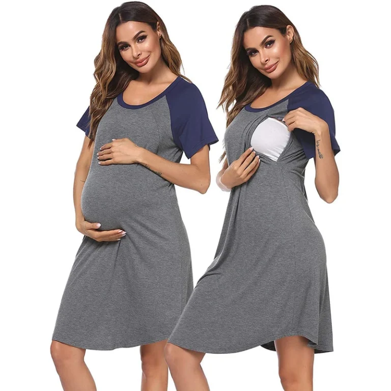 CHINEE-Factory-Soft-Nursing-Nightgown-Delivery-Gown-for-Women-Contrast-Color-Short-Sleeve-Maternity-Sleepwear-Dress