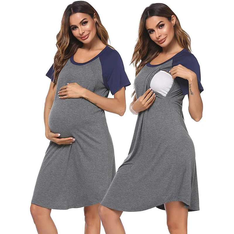 CHINEE Factory Soft Nursing Nightgown Delivery Gown for Women Contrast Color Short Sleeve Maternity Sleepwear Dress