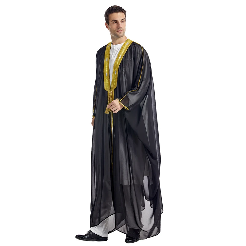 CHINEE Factory Stock Middle Eastern Muslim Men's Long Robe Arab Men's Embroidered Long Sleeved Chiffon Outer Cloak