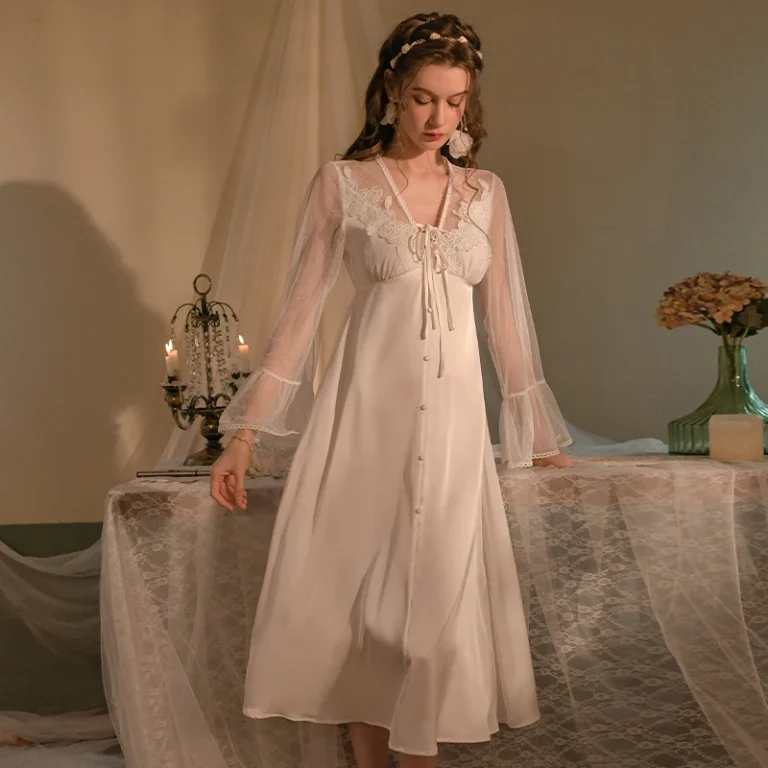 CHINEE-Factory-Supply-Women-Sleepwear-Long-Sleeve-Lace-Dress-Elegant-White-Satin-Fabric-Ice-Silk-Ladies-Nightdress