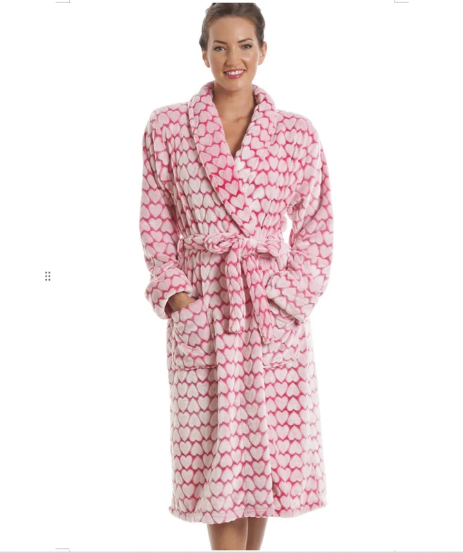 CHINEE Factory White Heart Print Super Soft Fleece Mink Bathrobe Sleepwear Customized Fluffy Unisex V-neck Drawstring Closure Elegant