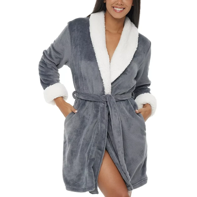 CHINEE Factory Women's Classic Cozy Plush Robe Fleece Bathrobe Hooded Collar Drawstring Closure Quick Dry Sleepwear Winter Warm