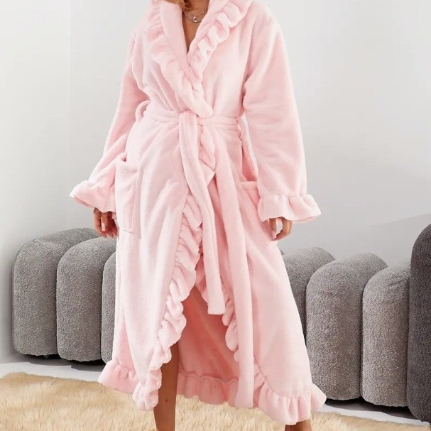 CHINEE-Factory-Womens-Long-Warm-Winter-Fleece-Thickened-Bathrobe-Gown-Loungewear-Elastic-Waist-Romantic-100-Polyester
