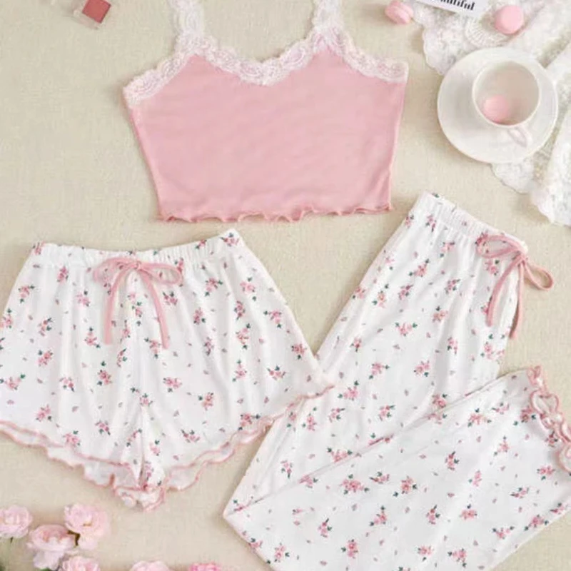 CHINEE Factory Women's Summer Lace Camisole Pajamas 3 piece Set