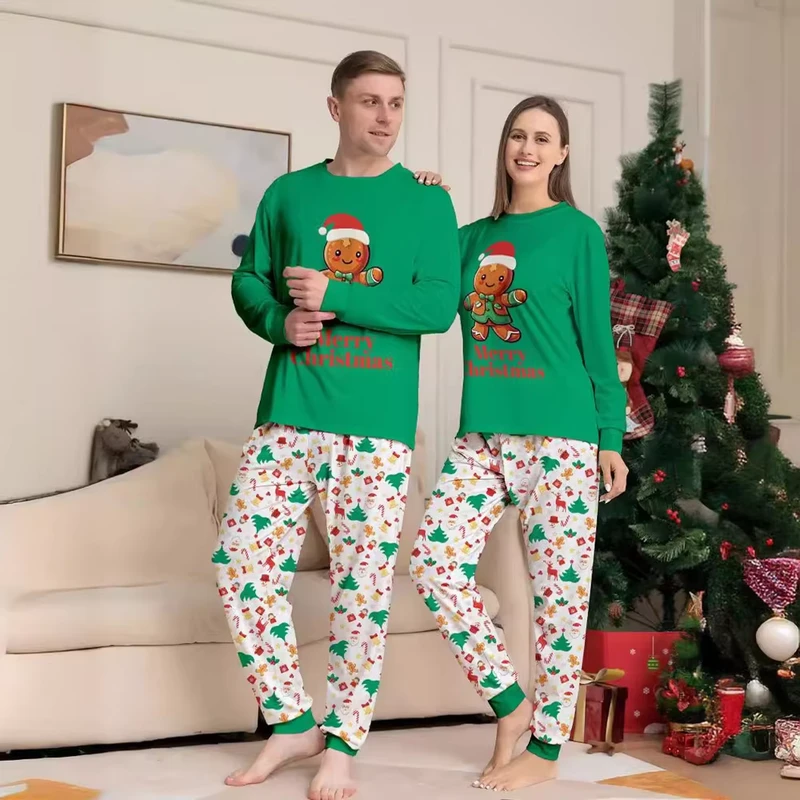 CHINEE Family Christmas Matching Pajamas Set Long Sleeve Loungewear Pajamas Cute Playful Cartoon Gingerbread Man Letter Print Sleepwear