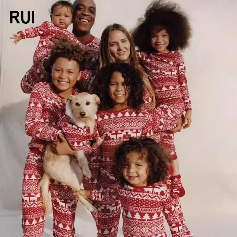 CHINEE Family Christmas Pajamas Set Casual Woven Father Mother Dog Family Matching Sleepwear