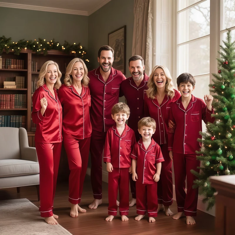 CHINEE Family Christmas Pajamas Set Velvet Matching Loungewear for Adults & Kids Simplified Christmas Red Ready Stock