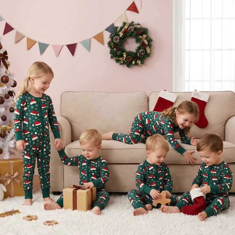 CHINEE Family Christmas Pjs Printed Matching Pajamas Long Sleeve Christmas Pajamas Matching Sets Bamboo Fiber Kids Romper