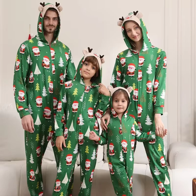 Family Matching Autumn Elegant Christmas Outfits Jumpsuit Pajamas Green Hooded Print One Piece Homewear Sleepwear