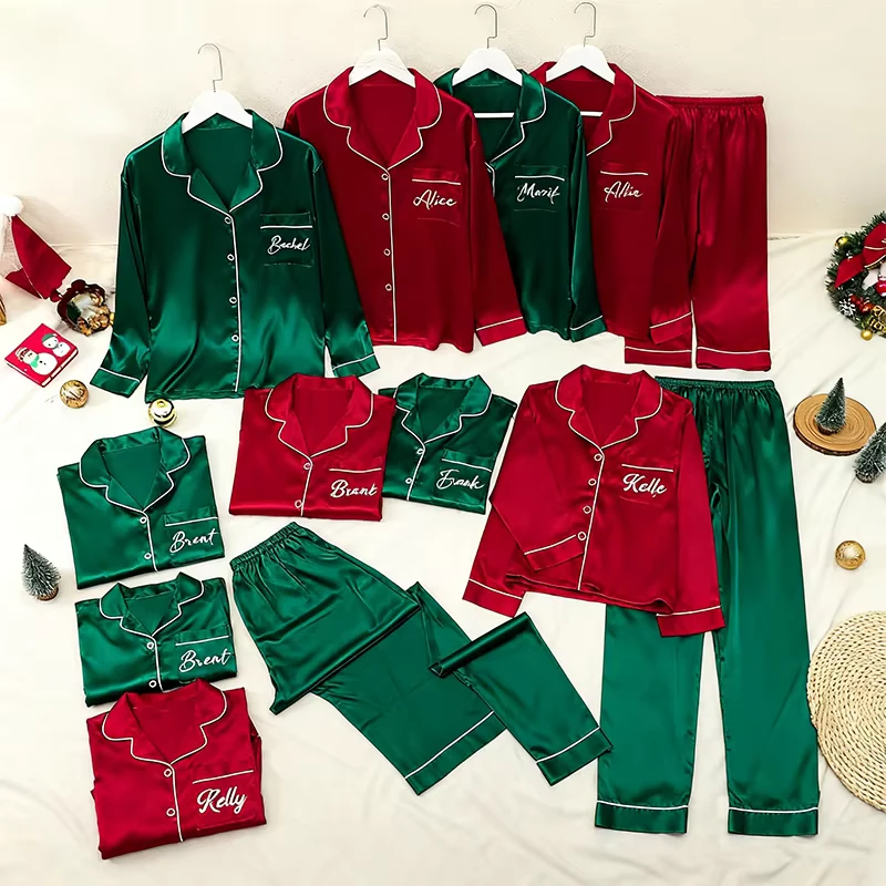 CHINEE Family Matching Christmas Red and Green Monogram Sleepwear for Kids Satin Kids Party Pajamas