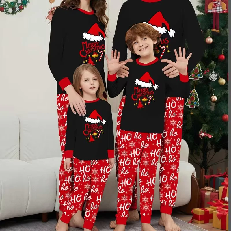 CHINEE Family Matching Christmas Set Thermal Knitted Pajamas With Elastic Waist Logo Front for Parents Home Sleepwear
