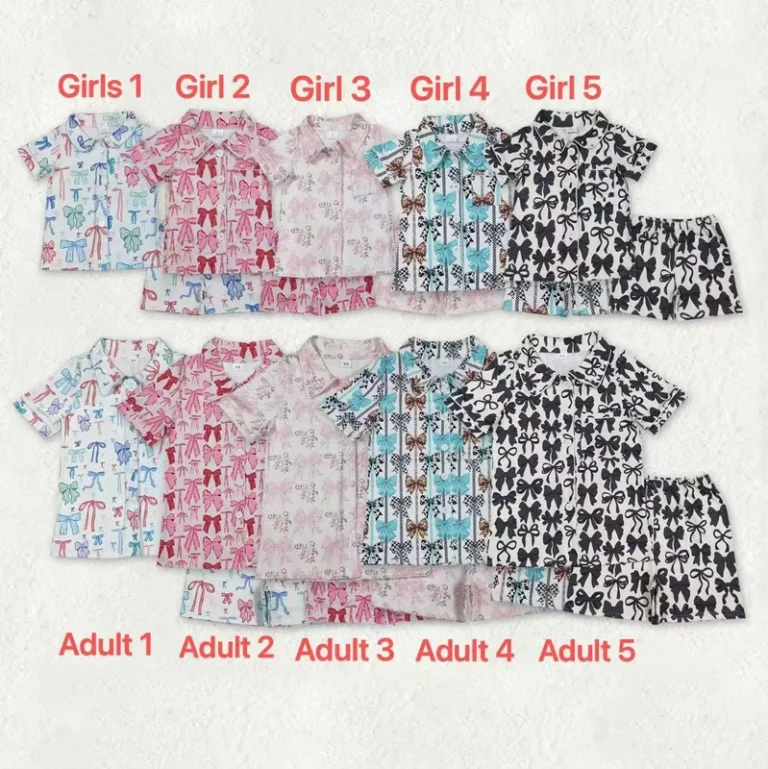 CHINEE-Family-Matching-Clothes-Toddler-Baby-Girls-Pajamas-Sets-Colorful-Bows-Print-Buttons-Tops-Shorts-2Pcs-Loungewear-for-Mommy-and-Me