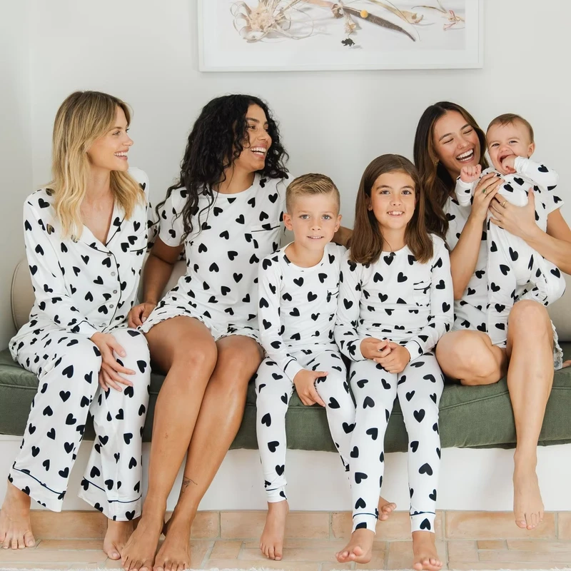 CHINEE Family Matching Heart Pajamas Set White Black Heart Pattern Button Down Romper Options for All Family Members