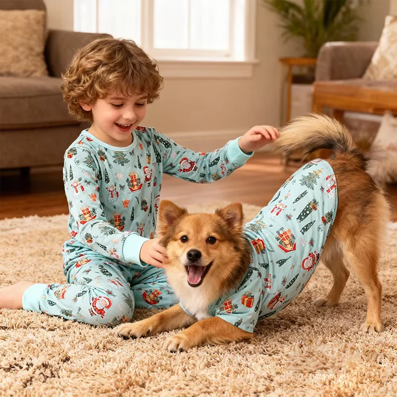 CHINEE Family Matching Home Set Long Sleeve Casual Odm Homewear Printed Pajamas for Parents Kids Dog Winter Xmas Outfit