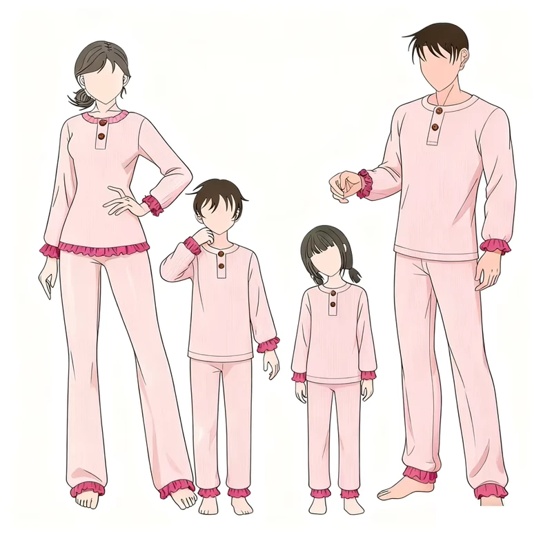 CHINEE Family Matching Pink Pajama Set Long Sleeve Ruffle Trim Sleepwear Soft Comfortable Parent Child Loungewear