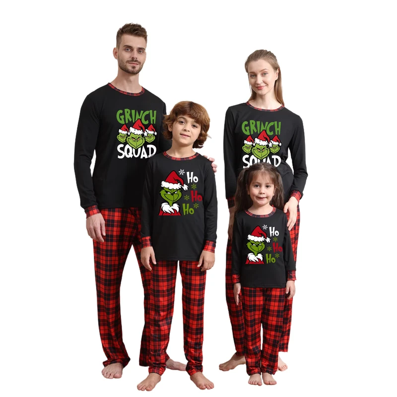 CHINEE Family Pajamas Christmas Cartoon Cotton Long Sleeve Set Parent Child Matching Front Logo for Summer Autumn Seasons