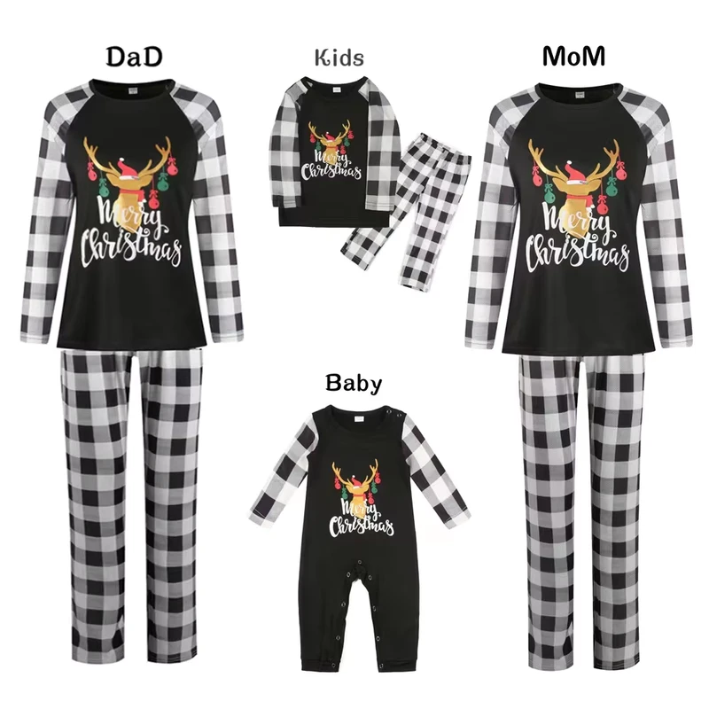 CHINEE Family Pajamas Matching Sets Long Sleeve Christmas Reindeer Plaid Sleepwear
