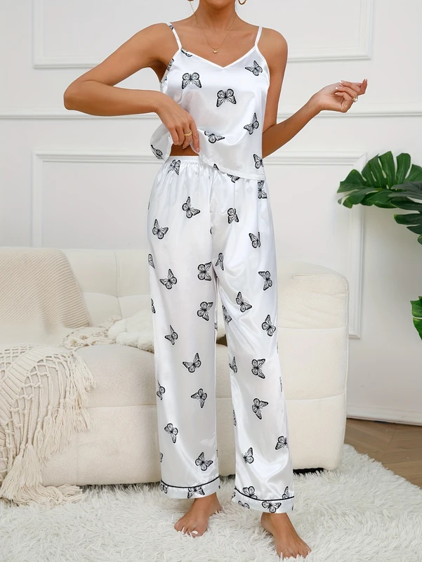 CHINEE Fashion Butterfly Print Satin Soft Elastic Waist Pajama Set Sexy Lace Top Pants Two Piece Sleepwear Casual White
