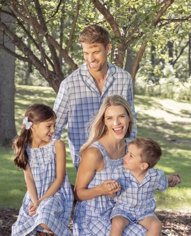 CHINEE Fashion Classic Blue Plaid Matching Family Pajamas Dad Shirt Mom Nightgown Kids Dress Shorts Set