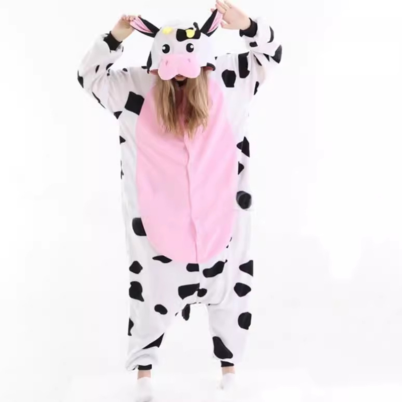 CHINEE Fashion Cute Luxury Winter Thermal Polyester Fleece Animal Onesie Pajamas Adult's Cow Design Hooded Front Family Matching