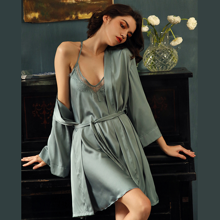 CHINEE Fashion OEM Printed Luxury Splendid Women Pajamas Night Wear Sexy V Neck Silk Nightgown and Robe Set Satin Nightdress for Woman