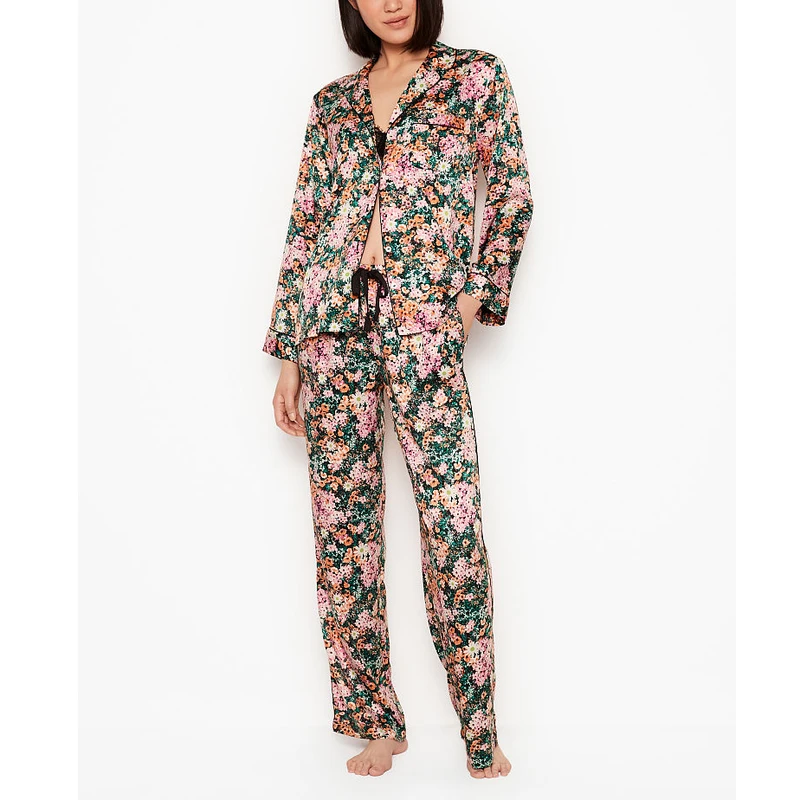 CHINEE Fashion Piped Trims Button Closure Front Sleepwear Women Satin 2 Piece Silk Pajamas