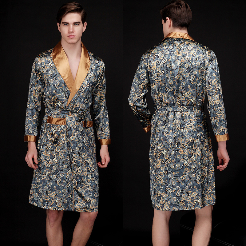 CHINEE Fashion Silk Satin Print Robe for Men Thermal Breathable Luxury Sleepwear Robes Nightwear Long Design Comfortable Pajamas