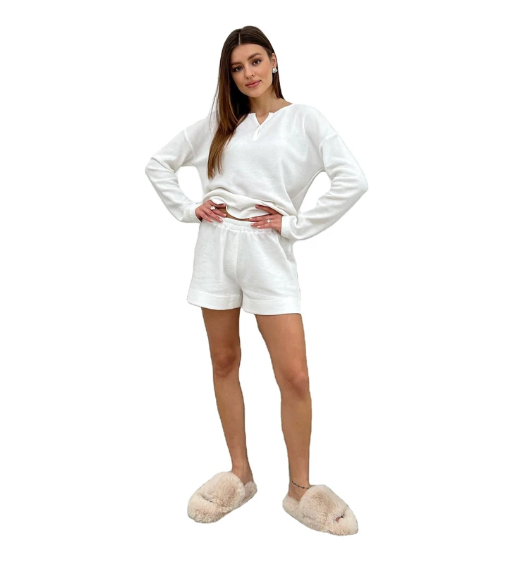 CHINEE Female Casual Home Suits Long Sleeve With Shorts Women Pajama Set Factory Knitted Sleepwear for Women Home Clothing