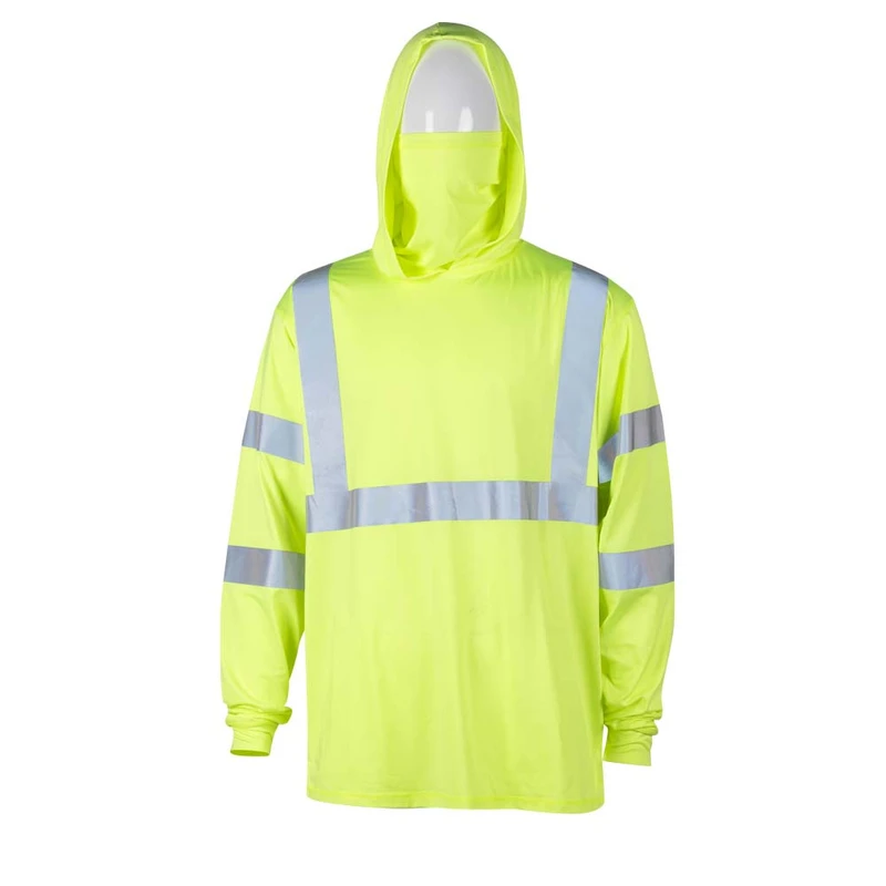CHINEE Fishing Hoodie Class 3 Fluorescent UPF 50+ Sun Protection Long Sleeve Reflective Safety Shirts Breathable with Face Mask