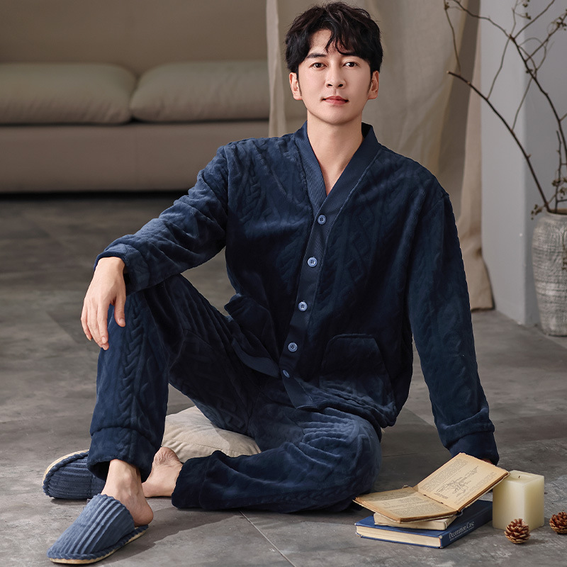 CHINEE Flannel Men's Winter Pajama Set V Neck Long Sleeve and Pants Warm Comfortable Loungewear