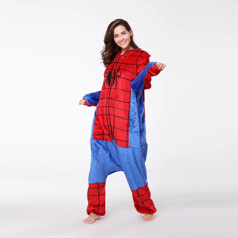 CHINEE Flannel Onesie Superhero Pajamas Cartoon One Piece Halloween Costume Hooded Long Sleeve Spiderman Pajamas